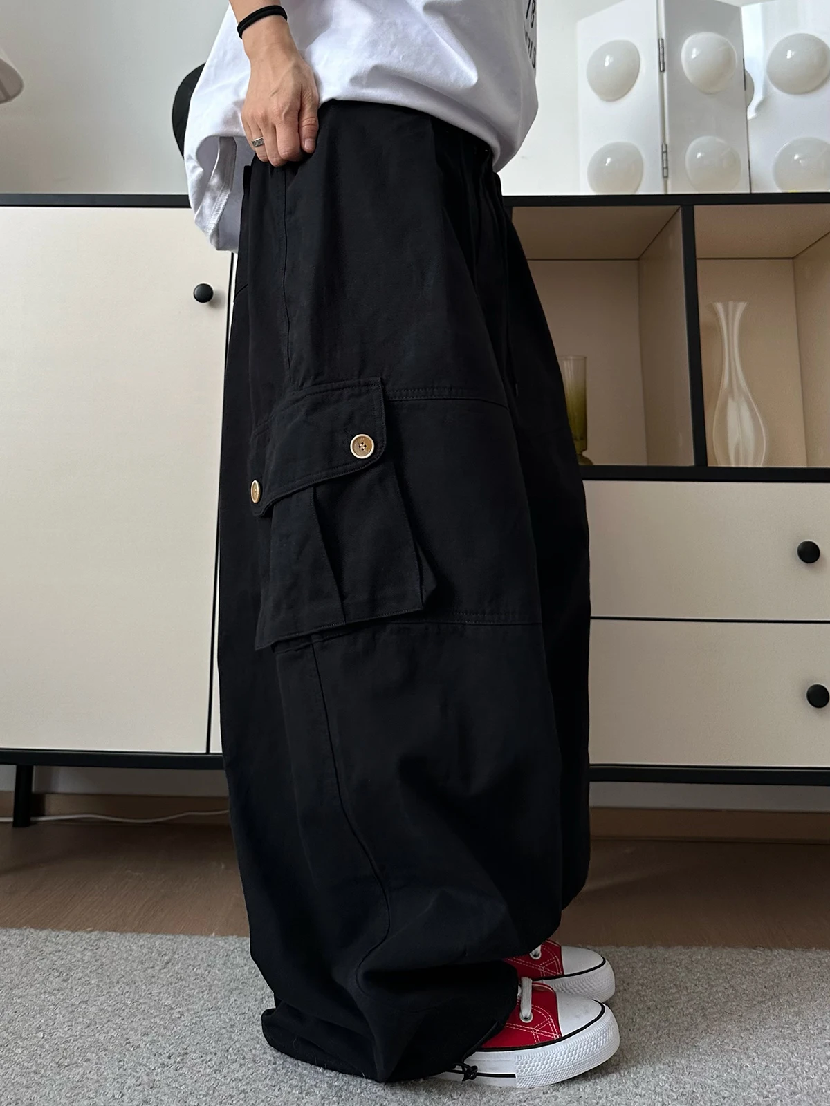 

Retro Japanese Loose Lantern Pants Men Women Straight Leg Multiple kets Long Drapey Floor-Length Trousers Workwear