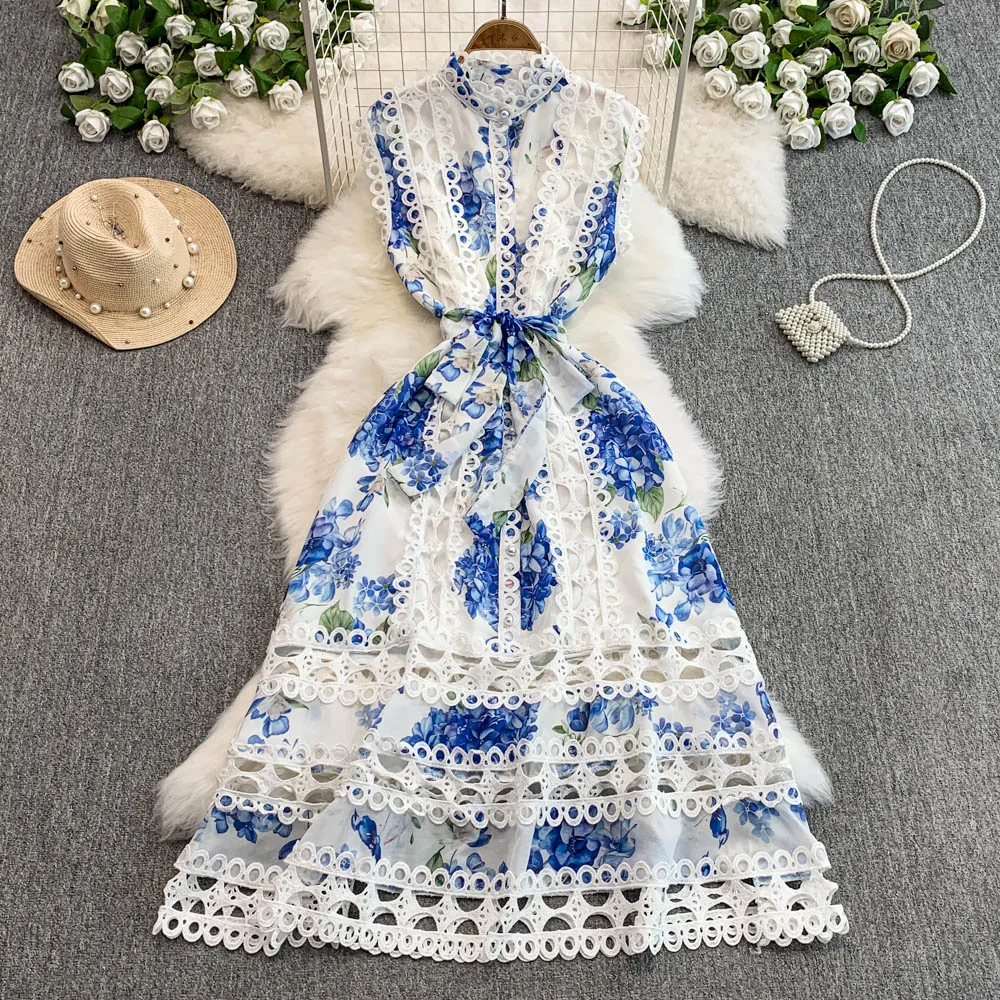

New Beach Style Summer Hollow Out Dress For Women Sleeveless Lace Up Slim Fashion Senior Lace Splice Print Holiday Long Dress