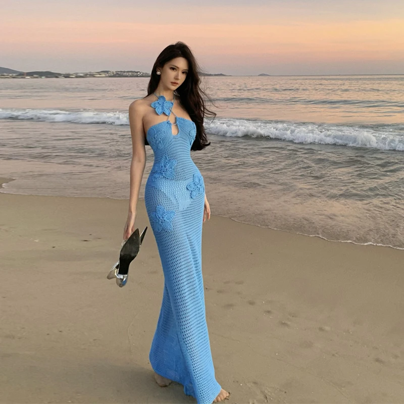 الأزرق محبوك نيلين الدكتور الأزهار طباعة الشاطئ Sle مثير انظر صعبة ضيق التستر عالية الخصر تنورة طويلة للنساء