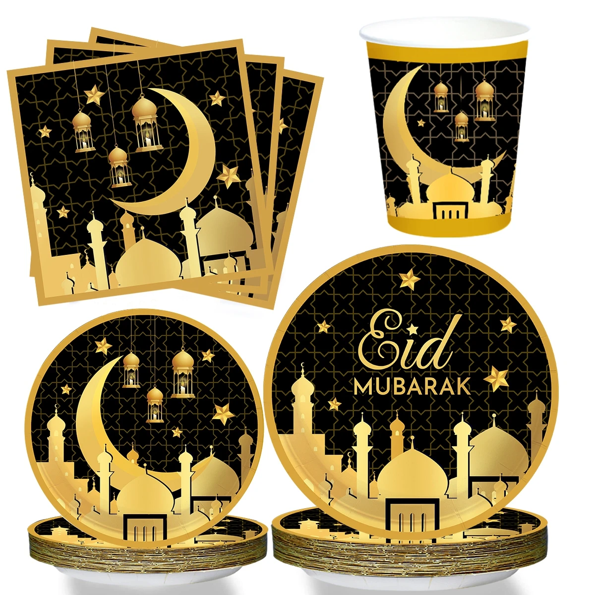 Decoración Eid Mubarak, platos de papel desechables, vasos, servilletas, globos, Eid Mubarak, Festival musulmán islámico, suministros de decoración para fiestas