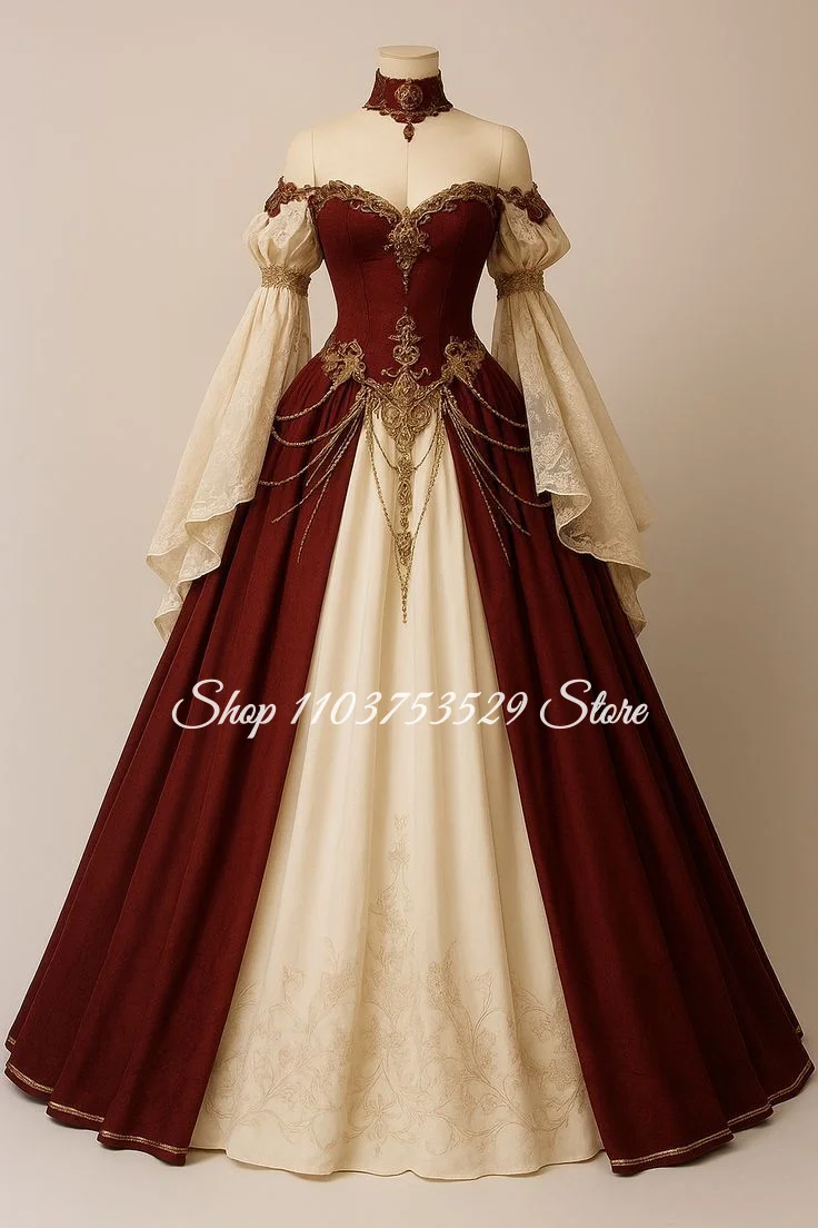Burgunderrotes schulterfreies, langärmliges, viktorianisches Ballkleid mit Spitzenmuster und Korsett, Abendkleid, maßgeschneidertes Cosplay-Kostüm