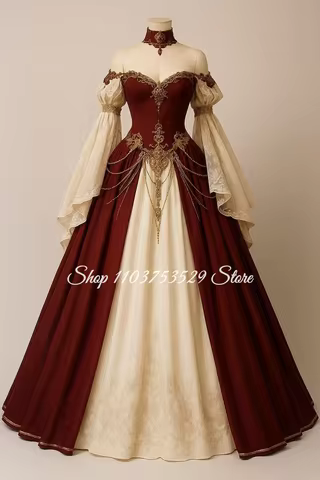 Burgundy Off Shoulder Long Sleeved Vintage Victorian Ball Gown Lace Print Corset Evening Dress Customized Cosplay Costume