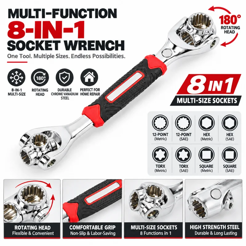 Multifunctional Socket Tiger Wrench Multi-angle Wrench with 12 Corners 360-Degree Rotating Head Rubber Handle Sleeve Wrench Tool