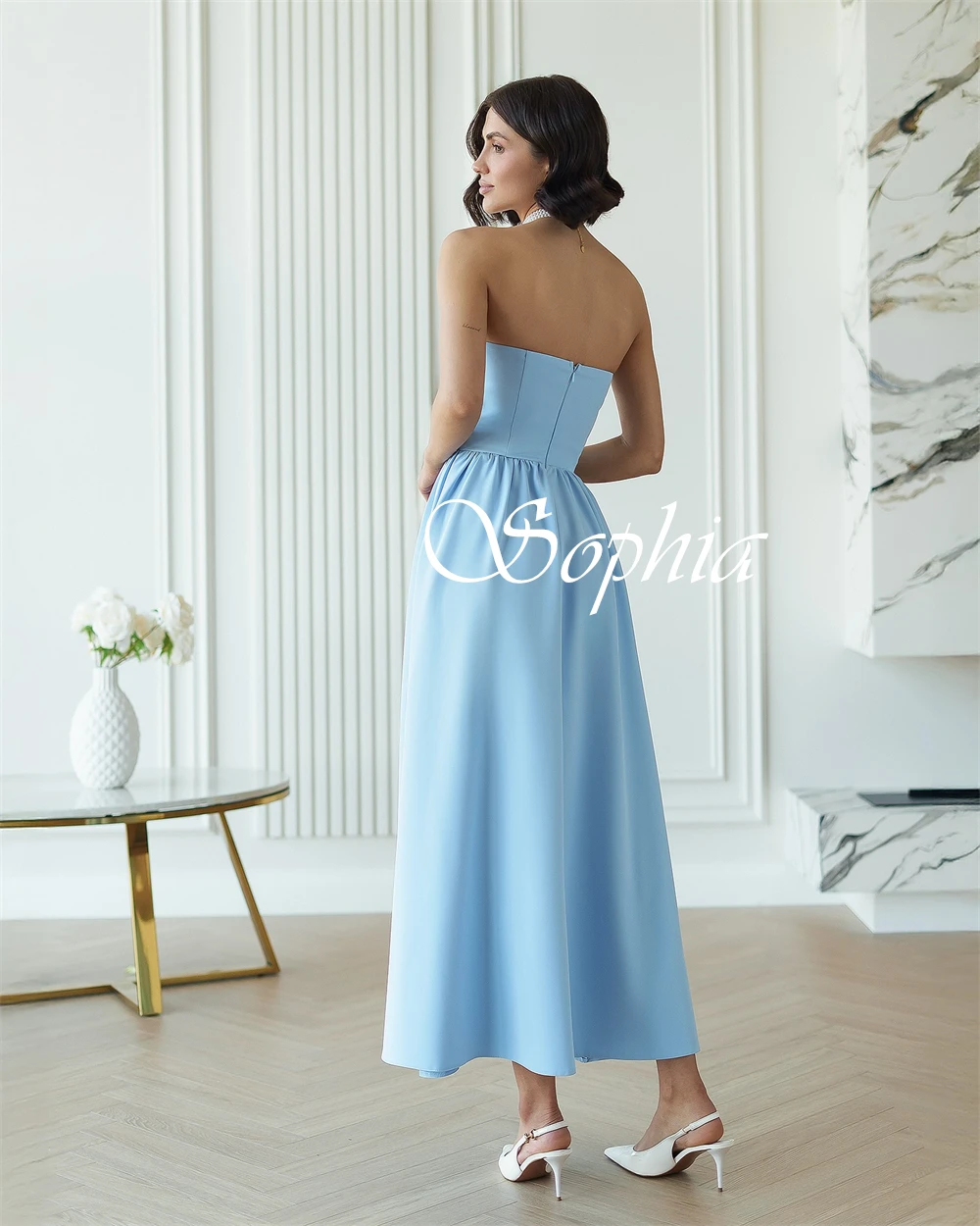 

Customized Strapless Sleeveless Modern Cocktail Dress A-Line Ankle Length Soft Evening Dress Zipper Back Delicate Prom Dress