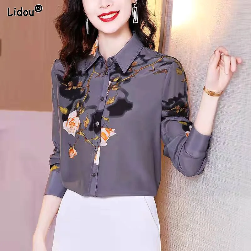 

Button Floral Vintage Elegant Loose Turn-down Collar Casual Fashion Blouses Spring Summer Women's Clothing Printing Temperament