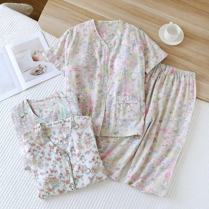 

2025 Summer Women's Pajama Set 100% Cotton Double layer Gauze with Chest Cushion Short Sleeve+Seven piece Pants Two piece Set