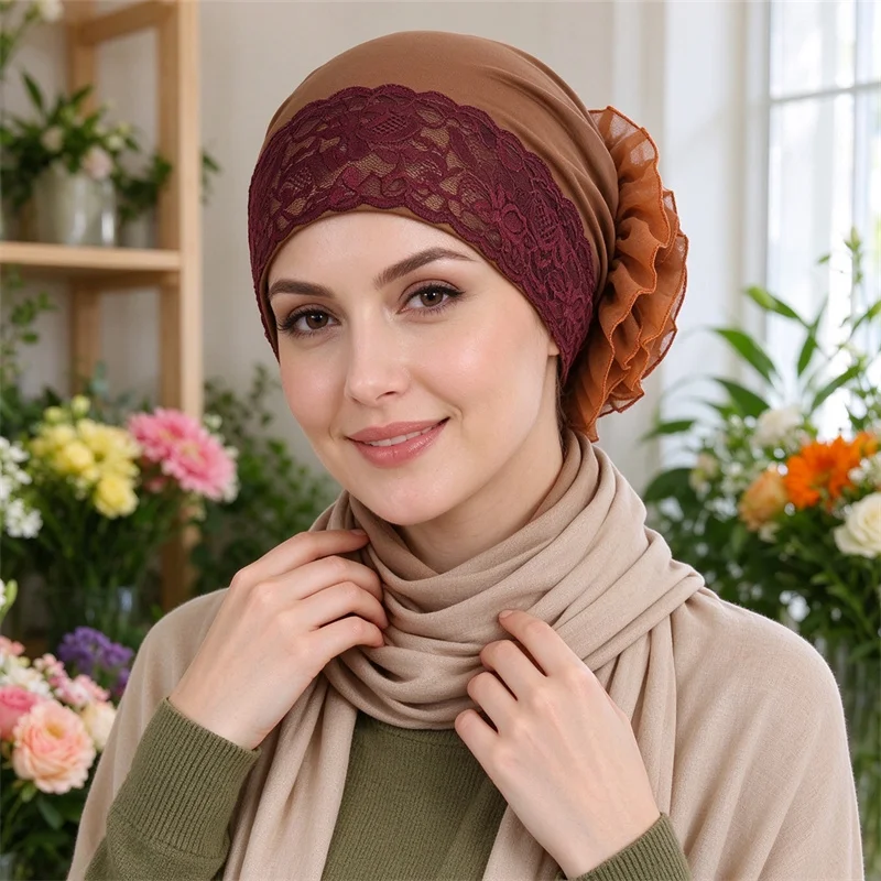 New Women Lace Chemo Cap Flower Bonnet Muslim Hijab Hat Beanies Stretch Undercarf Hair Loss Headscarf Head Wrap Turbante Mujer