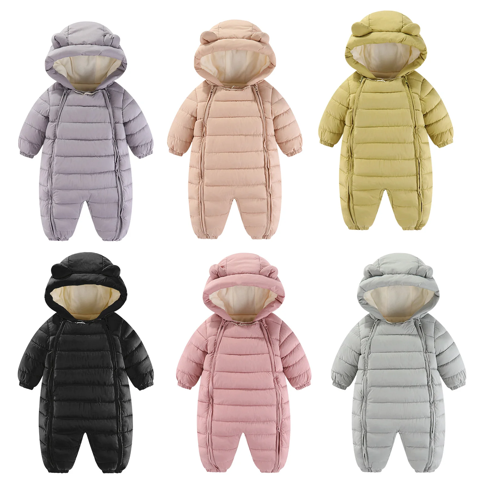 Baby Boys Girls Winter Snowsuit Long Sleeve Solid Color Hooded Double Zipper Romper Thicken Warm Jumpsuit Coat Infant Daily Wear