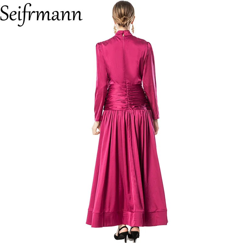 Seifrmann 2026 Spring Women's New Fashion Light Luxury Stand up Collar Long Sleeve Diamond Inlaid Wrinkle Waist Dress