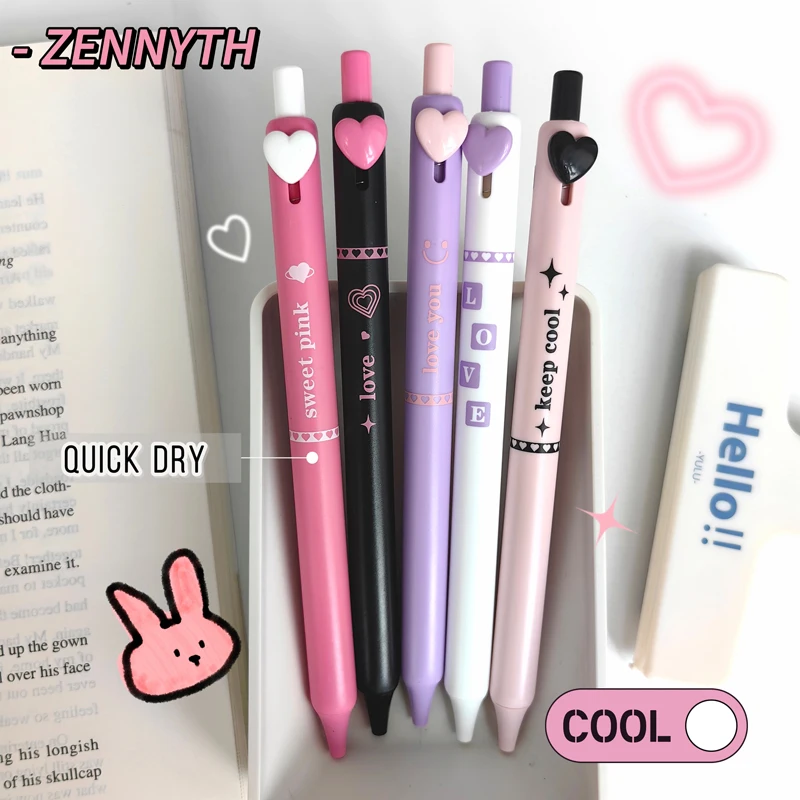 5PCS/Set Love Heart Gel Pen For Students Button Gel Ink Pen 0.5MM Black Refill Writing Pen Quick Dry Neutral Pen School Supply