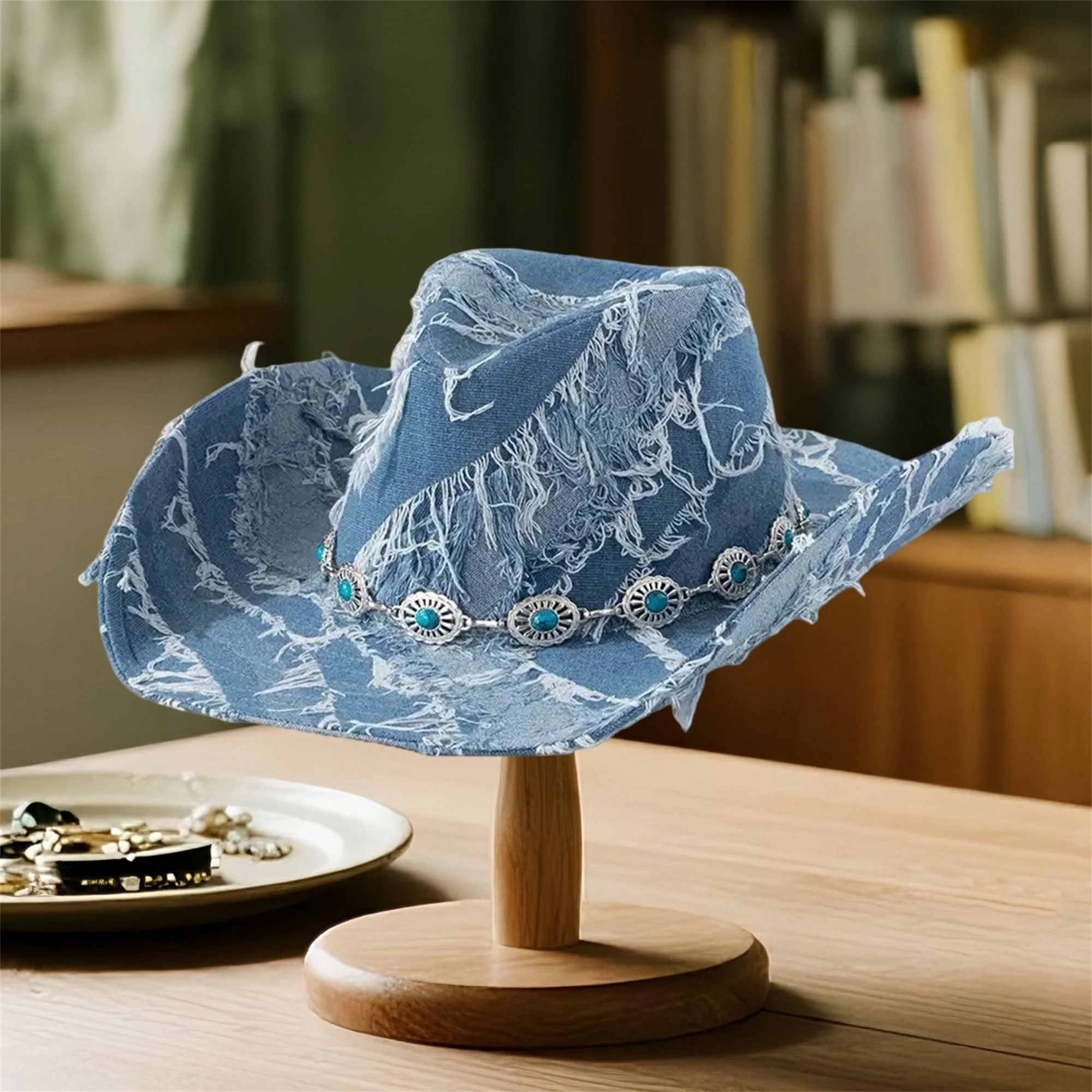 قبعة راعية البقر من قماش الدنيم بتصميم عتيق مع زخرفة رأس الثور وحافة واسعة للنساء - قبعة فيدورا غربية كلاسيكية #3