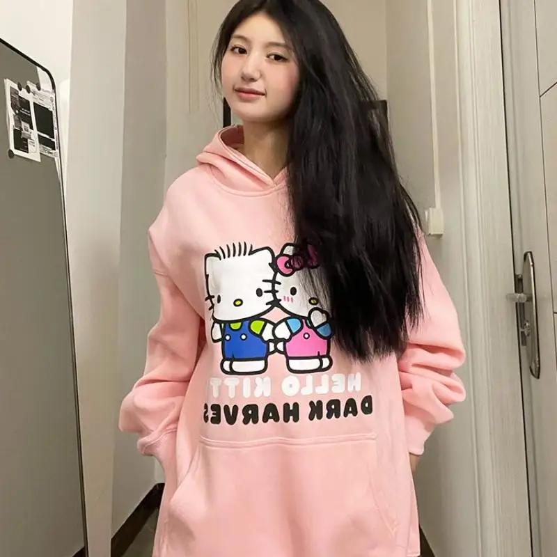 Y2K Pure Cotton Women Cartoon Plus Velvet Jacket Kawaii Kt Cat American Street Style Loose Hooded Sweatshirt Student Autumn Tops