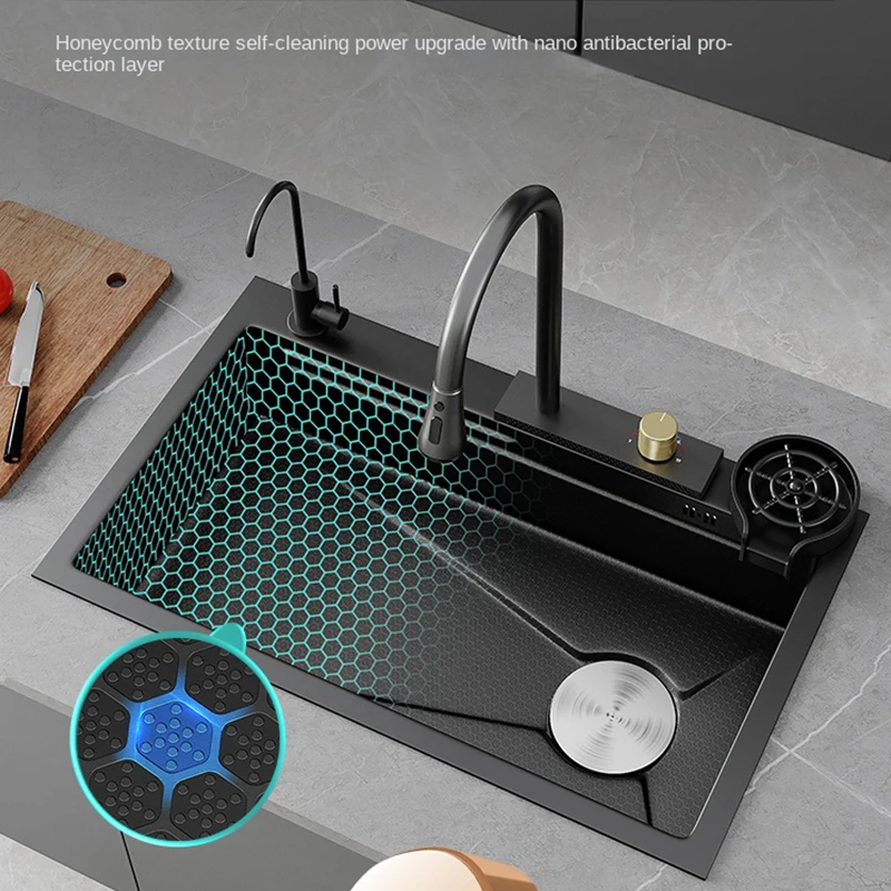 

Honeycomb Pattern Stainless Steel Kitchen Sink Household Flying Rain Nano Large Single Slot Multifunctional Dishwashing Basin