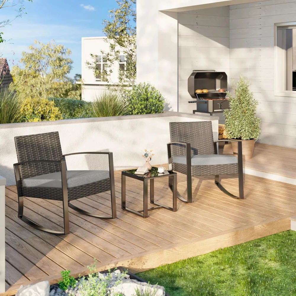 

3-Piece Patio Furniture Set, Rocking Wicker Chair with Soft Cushion and Coffee Table, for Garden, Balcony, Backyard