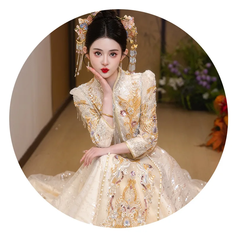 2025 Spring New V-neck Xiuhe New Tassels Chinese Wedding Dress Wedding Dress Slimming Dragon and Phoenix Coat Toasting Dress