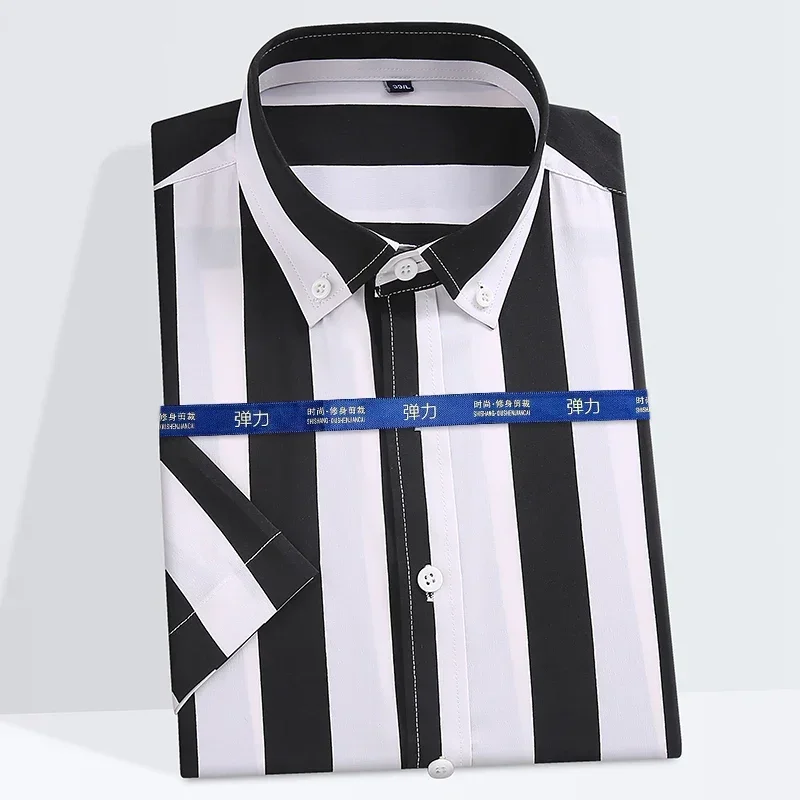 Fashion Korean Striped Summer Short Sleeve Shirts for Men Slim Fit Casual Plain Shirt Thin Elastic Hawaiian Tops Social Clothes
