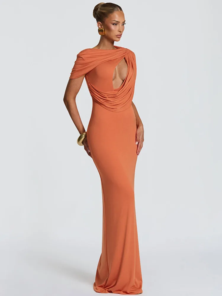 Robe longue de soirée moulante Sibybo Fashion pour femme, asymétrique à une épaule, ajourée, unie, à manches courtes et froncée, idéale pour l'été