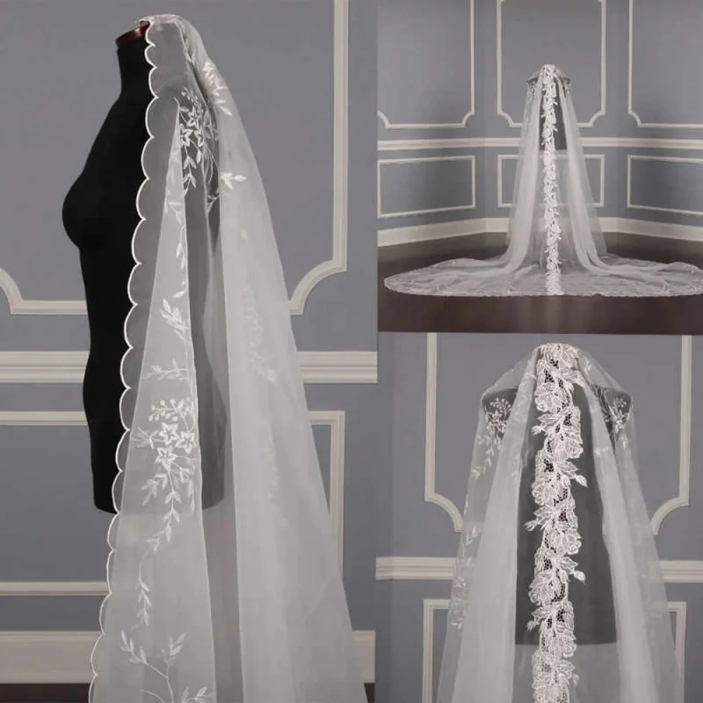 

White Ivory Bridal Veil With Comb Single Layer 3M Long Cathedral Appliques Lace De Noiva Wedding Accessories Customized