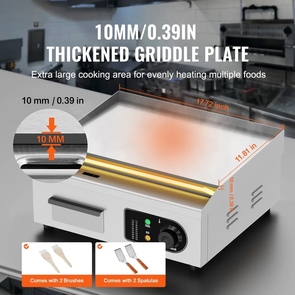 1700W Electric Griddle Commercial Cooking Flat Surface Temperature Control 122 to 572F Easy Clean Iron Plate with Accessories