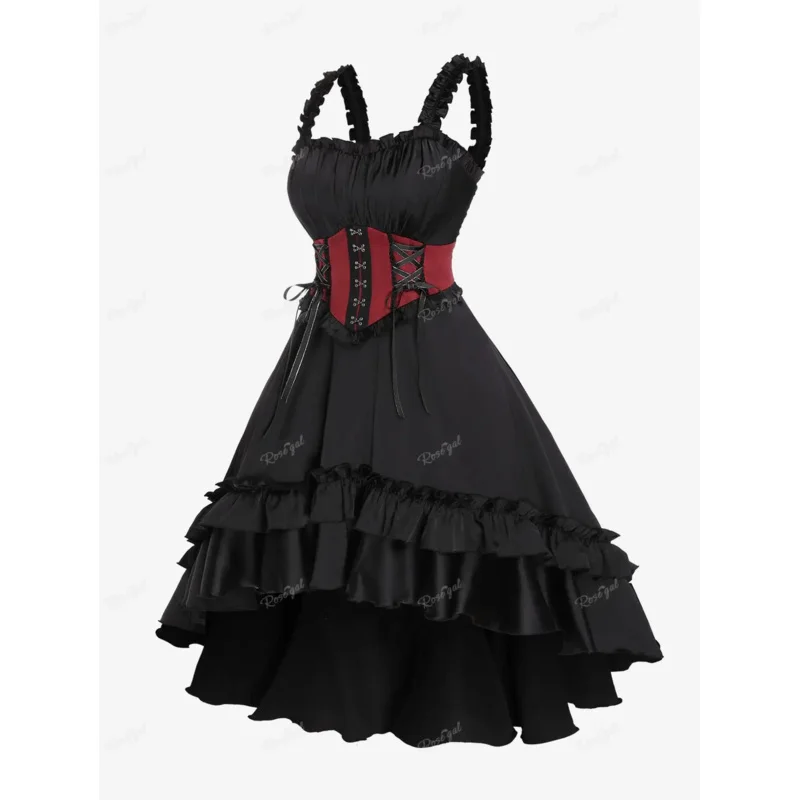 ROSEGAL Plus Size Gothic New Party Dresses Lolita Layered Ruffled Frilled Lace-up High Low Maxi Corset Dress Vintage Vestidos 5X