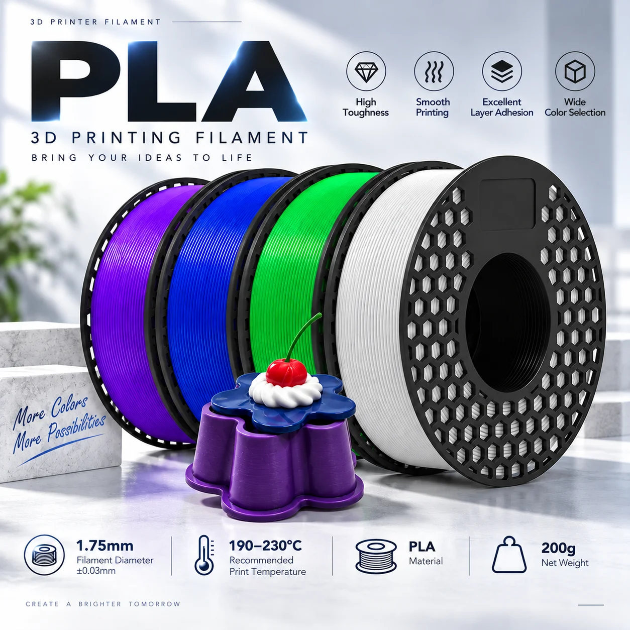 PLA 3D Printer Filament 200g Multiple Colors Neat Winding No Tangling Compatible with Most FDM 3D Printers