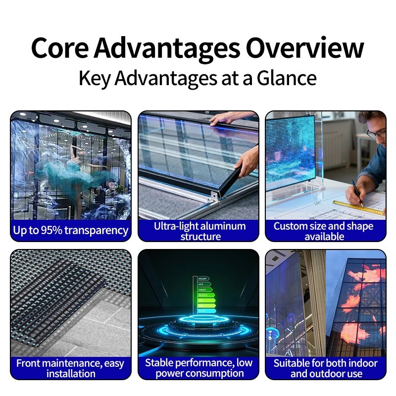 شاشة عرض LED عالية الشفافية P10.4 قابلة للتخصيص، طبقة زجاجية شفافة مرنة لإعلان النافذة وواجهة المتجر Vi