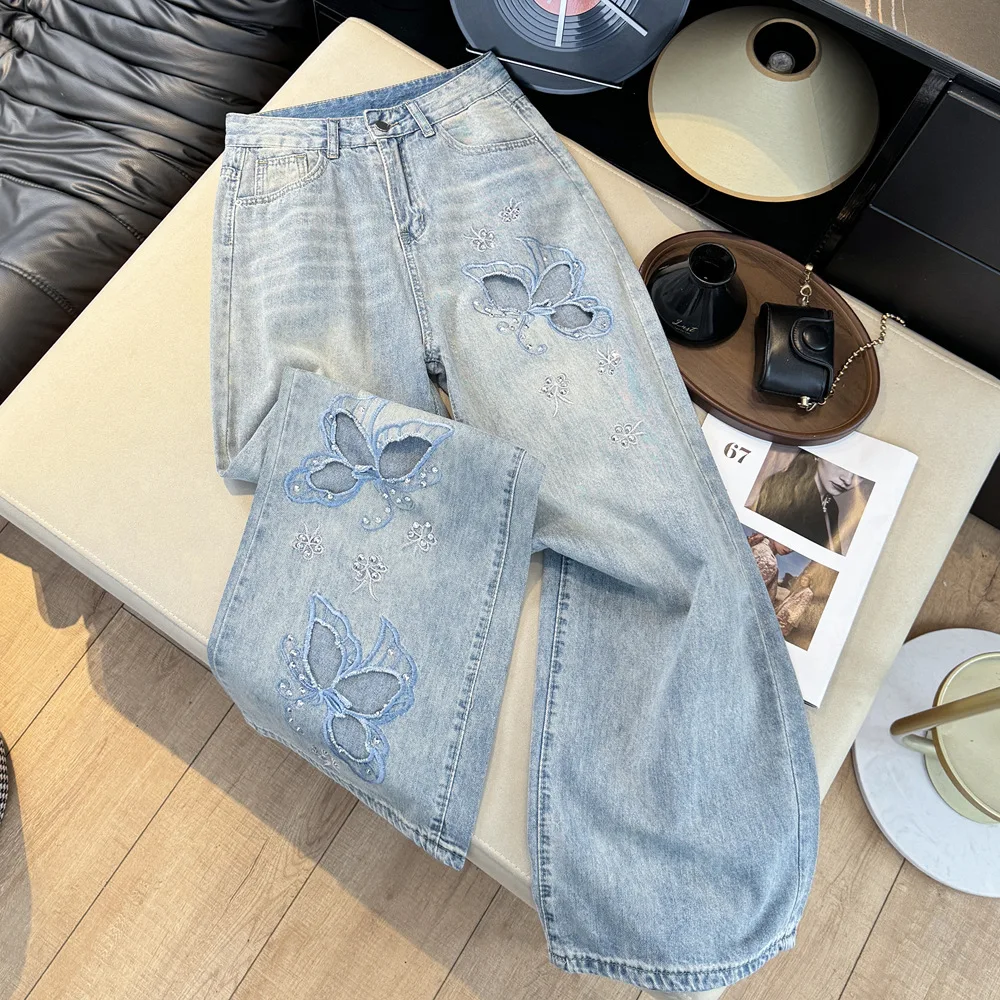 Blue Hollow Out Butterfly Embroidery Denim Pants Women's New Fashion Rhinestone High Waist Loose Jeans Vintage Straight Trousers