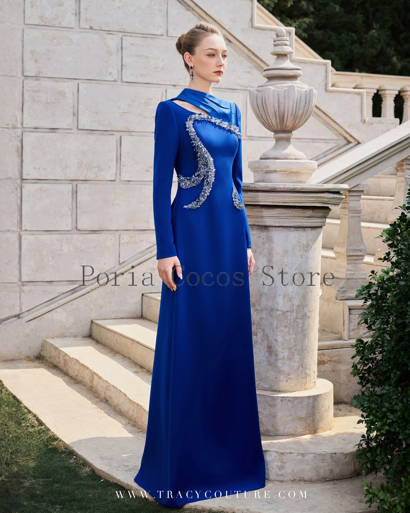 تخصيص السعودية اللباس البوق طويلة الأكمام الطابق طول س الرقبة الديكور فساتين السهرة حزب اللباس #3