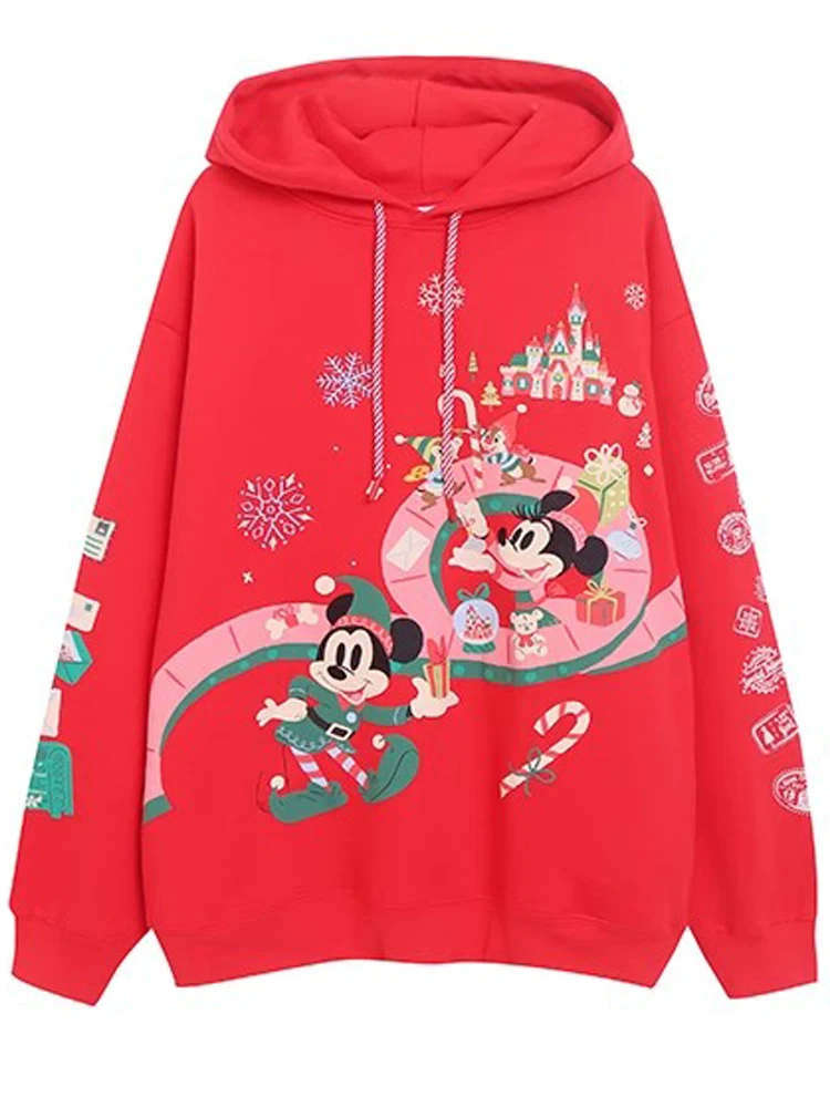 Disney Merry Christmas Castle Mickey Mouse Family Print Sweatshirt Fashion Women Hooded Jumper Tops + Pants Red Streetwear Femme