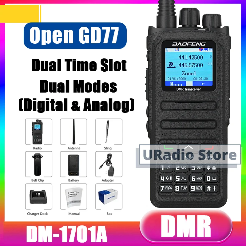 

Baofeng DM-1701A Walkie Talkie DMR Цифровое радио с открытым диапазоном GD77 5 Вт Longe Range Двухрежимное аналоговое устройство с двумя слотами по времени 1 + 2 любительская радиостанция
