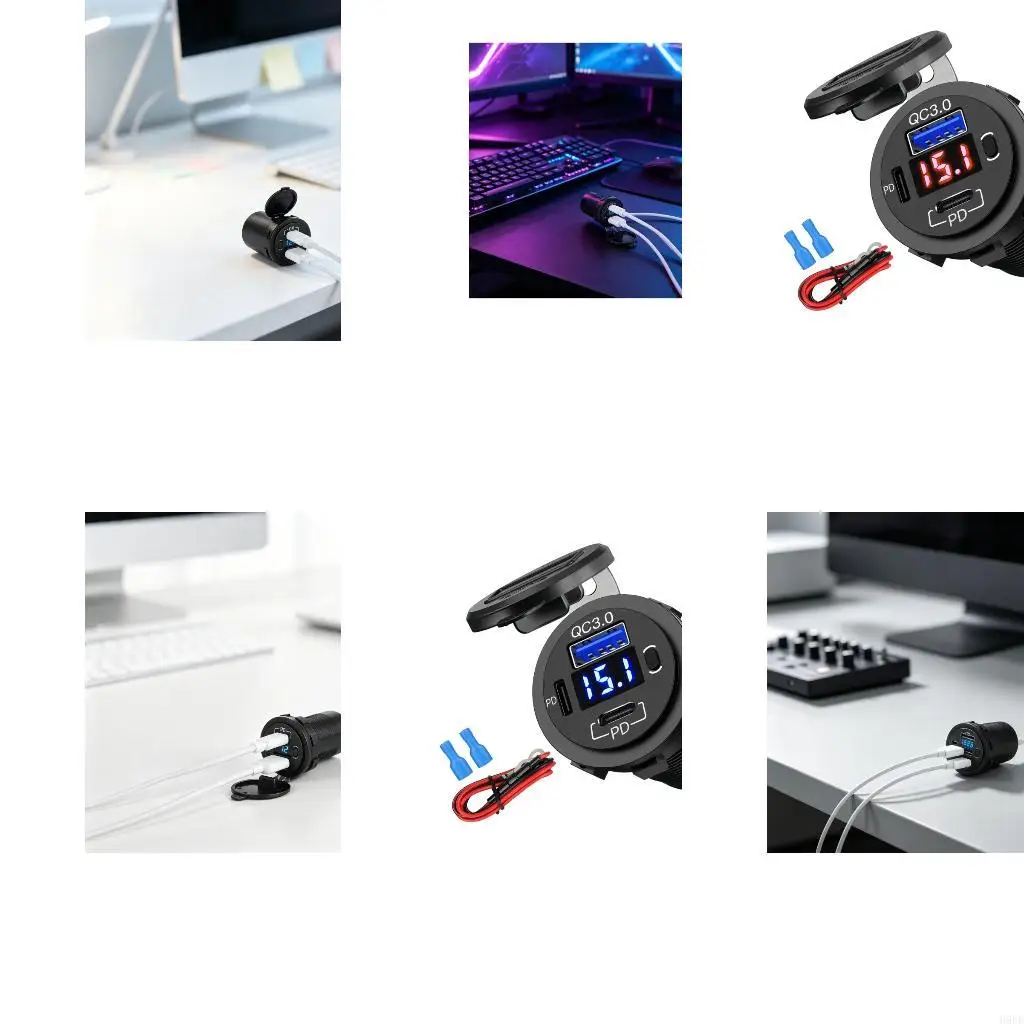 Motorcycle Phone Chargers Power Socket with Voltmeter Readout, Three-Port Type-C and USB-A Design, Panel Mount H9EE