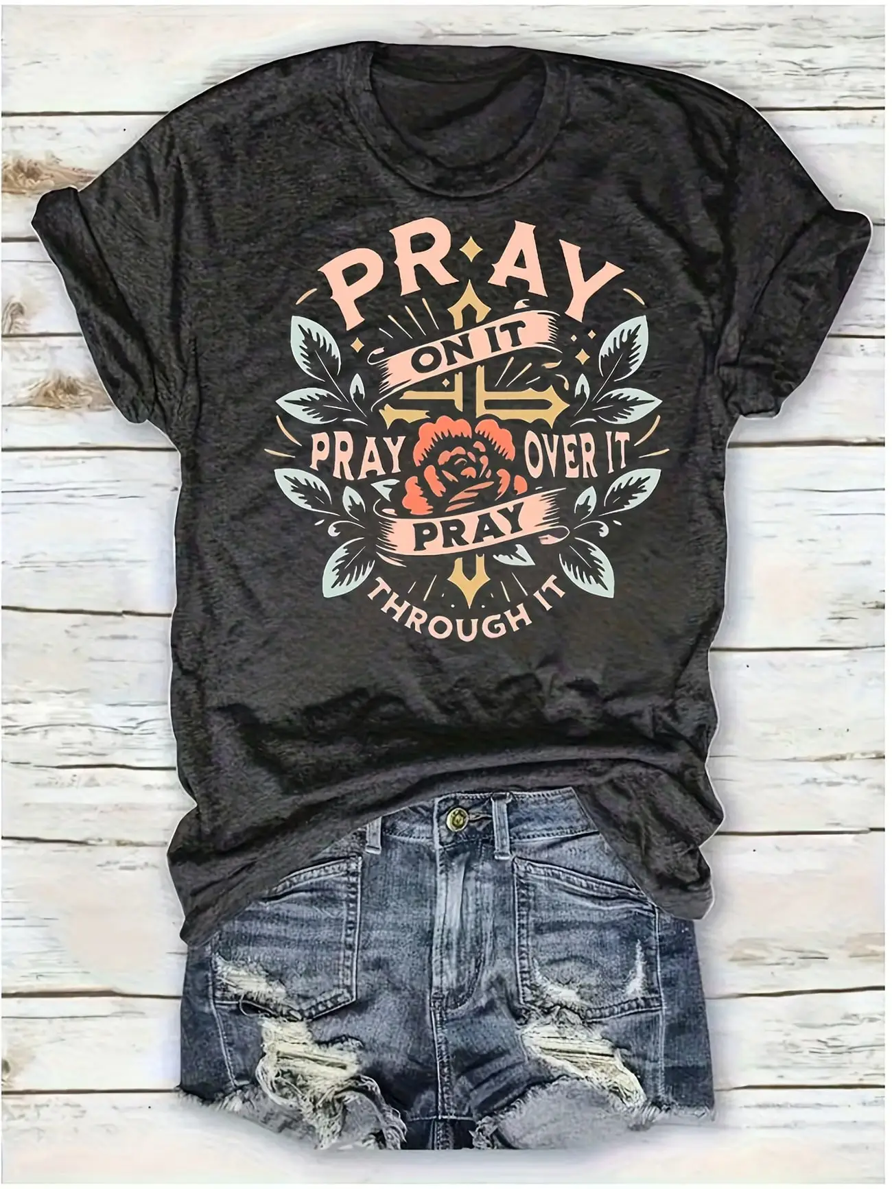 

Женская футболка больших размеров с коротким рукавом Pray On It Pray Over It Pray Through It, летняя одежда из дышащей ткани для женщин