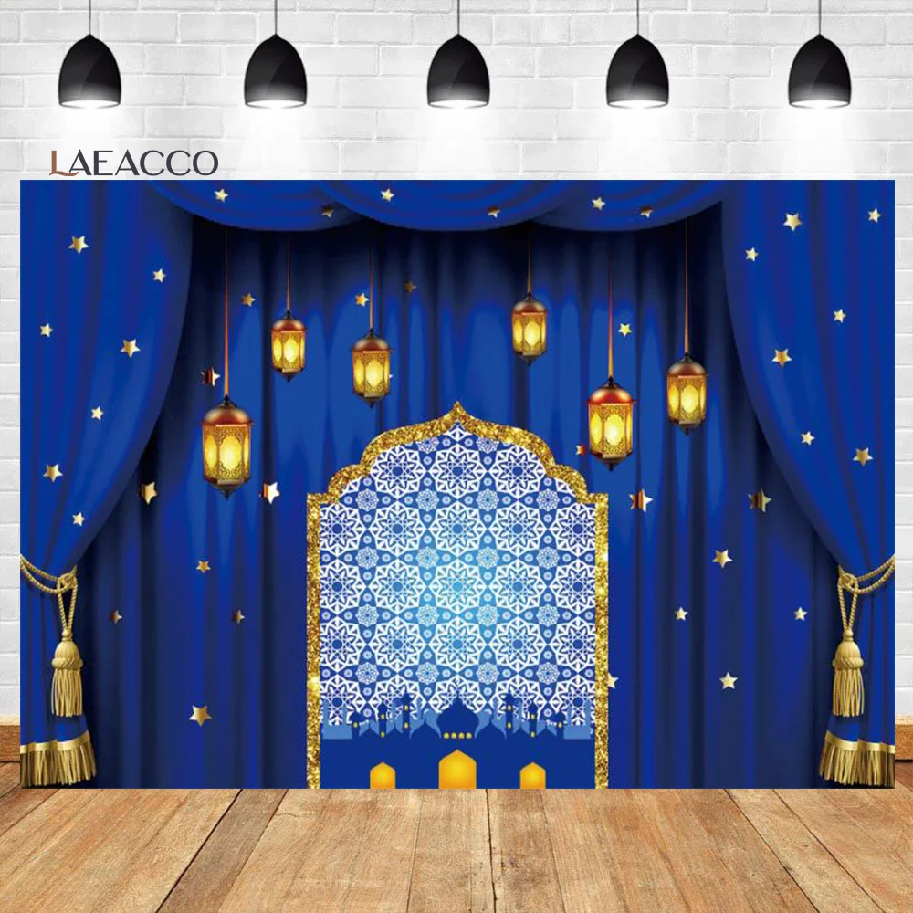 Laeacco Ramadan Kareem Backdrop Traditional Lanterns Golden Dome Profile Moon Stars Eid Holiday Portrait Photography Background