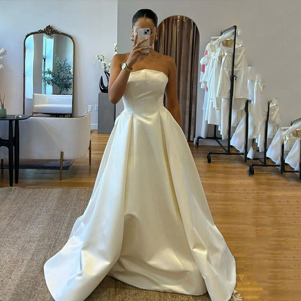 

Msikoods Elegant Satin Wedding Dresses A Line Backless Strapless Bridal Gowns Women 2023 Pageant Bride Dress