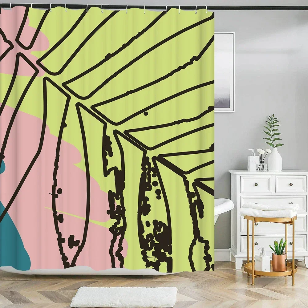 Abstract Art Shower Curtain Cartoon Green Plant Leaves 3D Print Funny Pattern Bath Screen Waterproof Polyester Background Decor