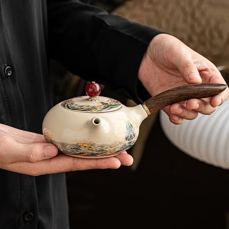 Ru Kiln Ceramic Side Handle Teapot with Built In Filter for Gong Fu Tea Brewing Personal Use Home Gift