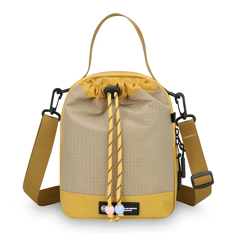 Women Mini Drawstring Bucket Crossbody Bag Lightweight Grid Nylon Handbag Detachable Shoulder Strap Casual Travel Shoulder Bag