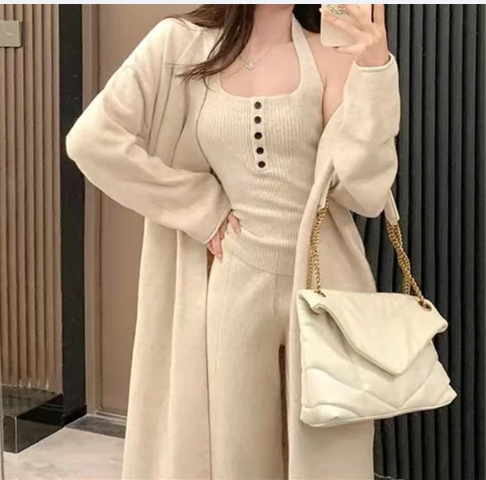 Autunno Inverno Donna Abito a tre pezzi Cappotto cardigan a maniche lunghe solido e canottiere lavorato a maglia + Set di pantaloni a gamba larga a vita alta 2025