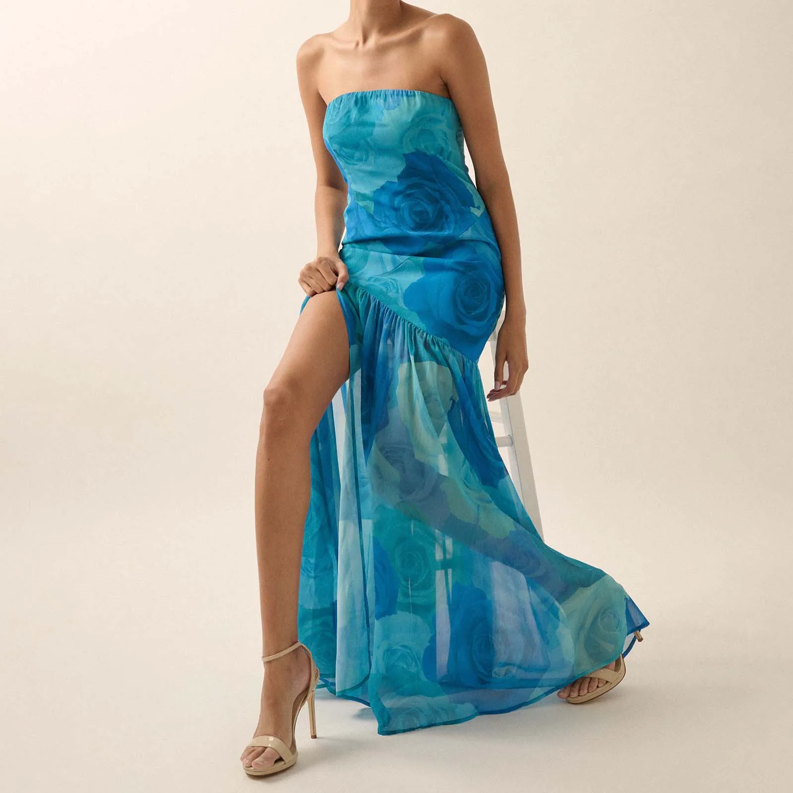 Women Strapless Rose Tube Top Dress Slim High Split Off Shoulder Sleeveless Backless Long Dress for Party Club