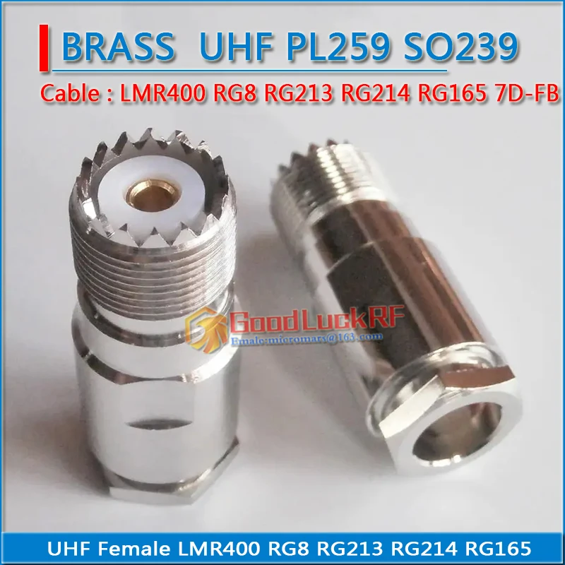 

PL259 SO239 PL-259 UHF Female Clamp Solder LMR400 RG8 RG213 RG214 RG165 7D-FB Cable Brass RF Connector Coaxial Adapter