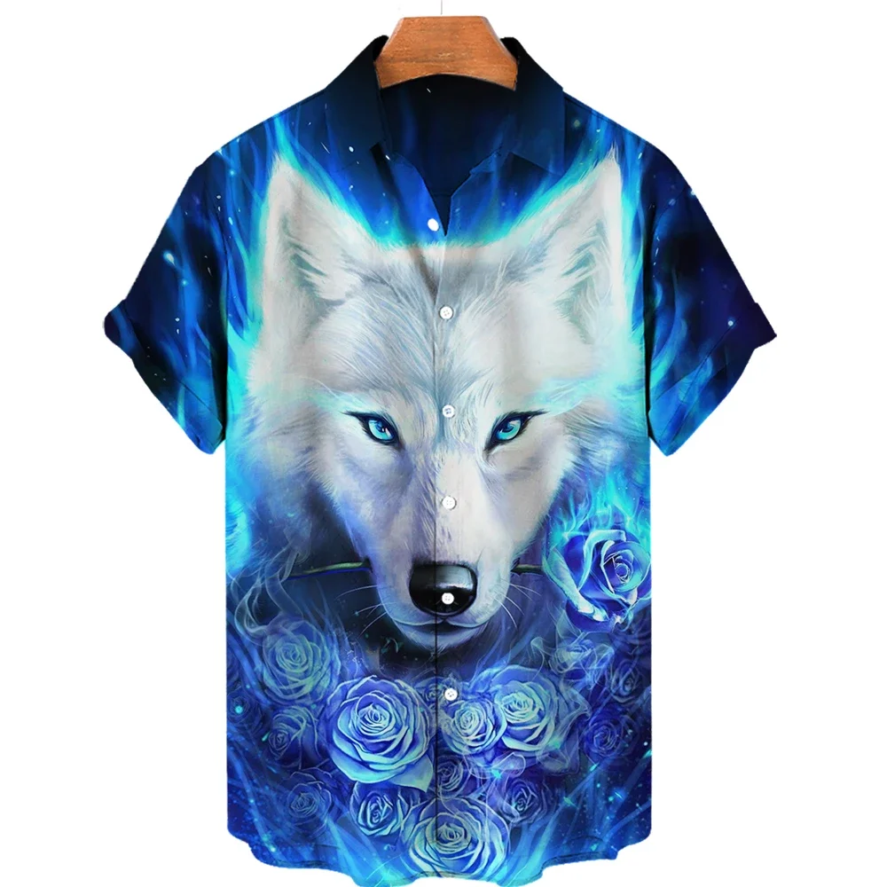 

2024 Hawaii 3d Printed Wolf Hipster Cool Retro Men's Shirt Shirt Short Sleeve Hip Hop Men's Fashion Casual Camisas Flower