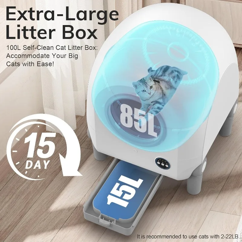 Gatos automáticos Litter Boxes Robot, grande capacidade, Wi-Fi Connect, Smart App-Controlled, Remoção de odores, auto-limpeza, 100L