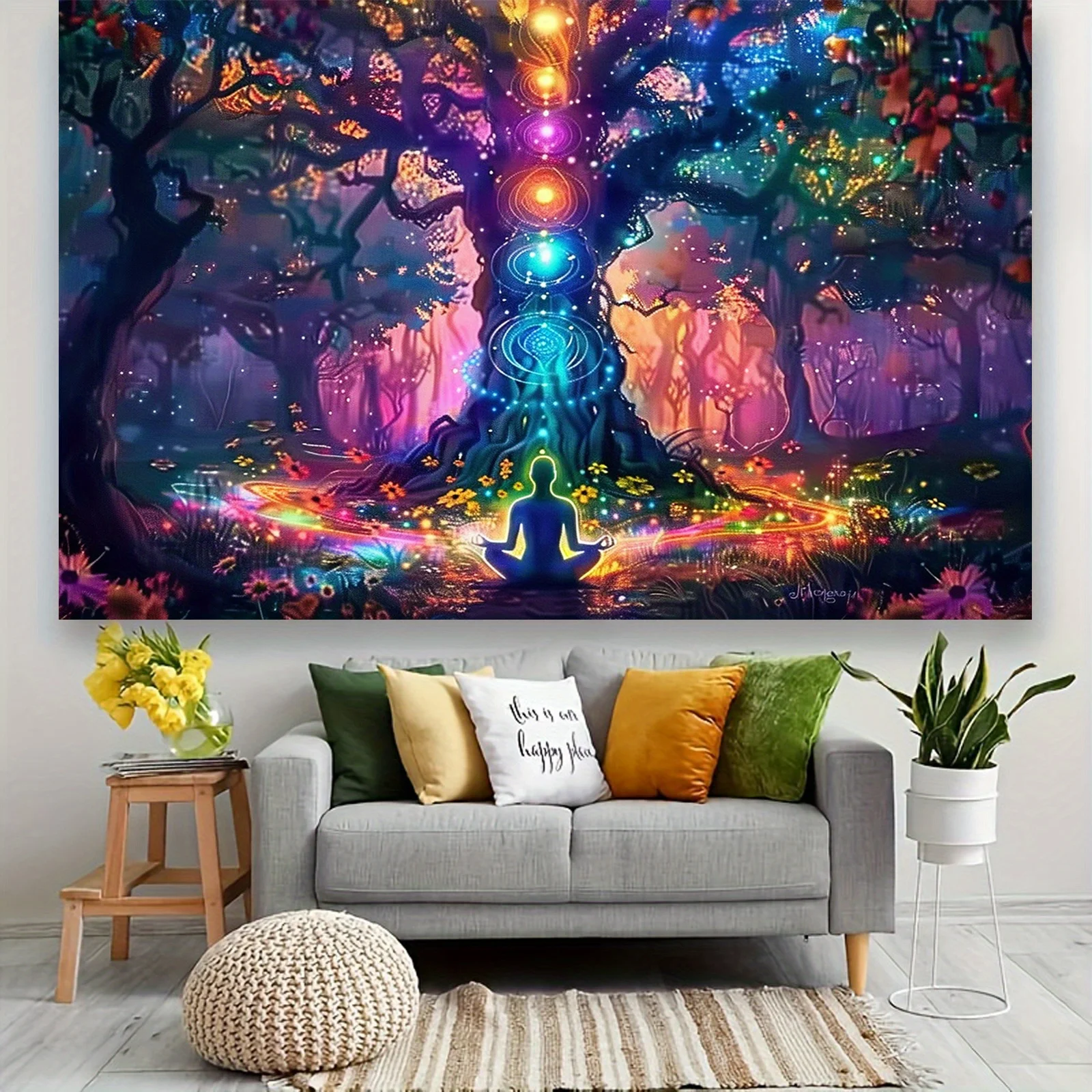 Spiritual Tree of Life Chakra Meditation Tapestry Mystical Forest Energy Healing Yoga Studio Zen Garden Wall Hanging Decor Piece