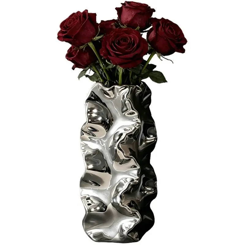 Silver Electroplated Irregular Wrinkled Ceramic Vase Modern Art Flower Pot Aesthetic Home Living Room Tabletop Decor Ornament