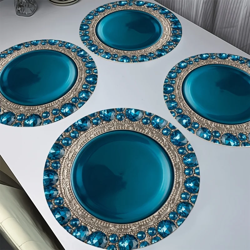 VIKAMA Luxury Blue Rhinestone Round Placemat Sparkle Table Mat Waterproof Heat Resistant Plate Pad Wedding Dining Decor