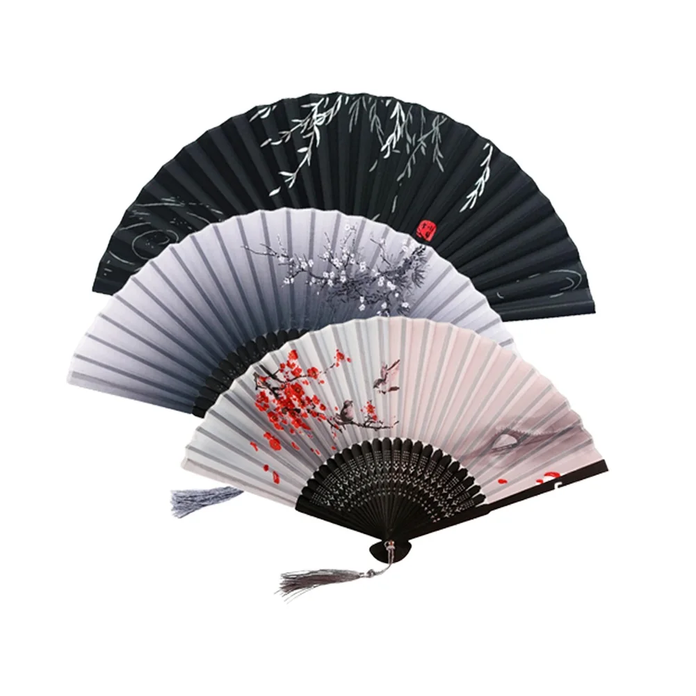 Chinese Japanese Folding Fan Vintage Wooden Shank Silk Handheld Dance Fan Foldable Bambon Fan For Wedding Decoration Gift