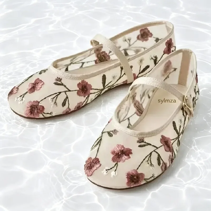 

Elegant Flowers Embroidered Brand Ballet Flats Women Breathable Mesh Design Mary Jane Shoes Lightweight Comfortable Flat Sandals
