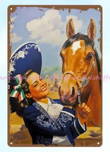 

internal decoration retro western Mexican art cowgirl horse metal tin sign