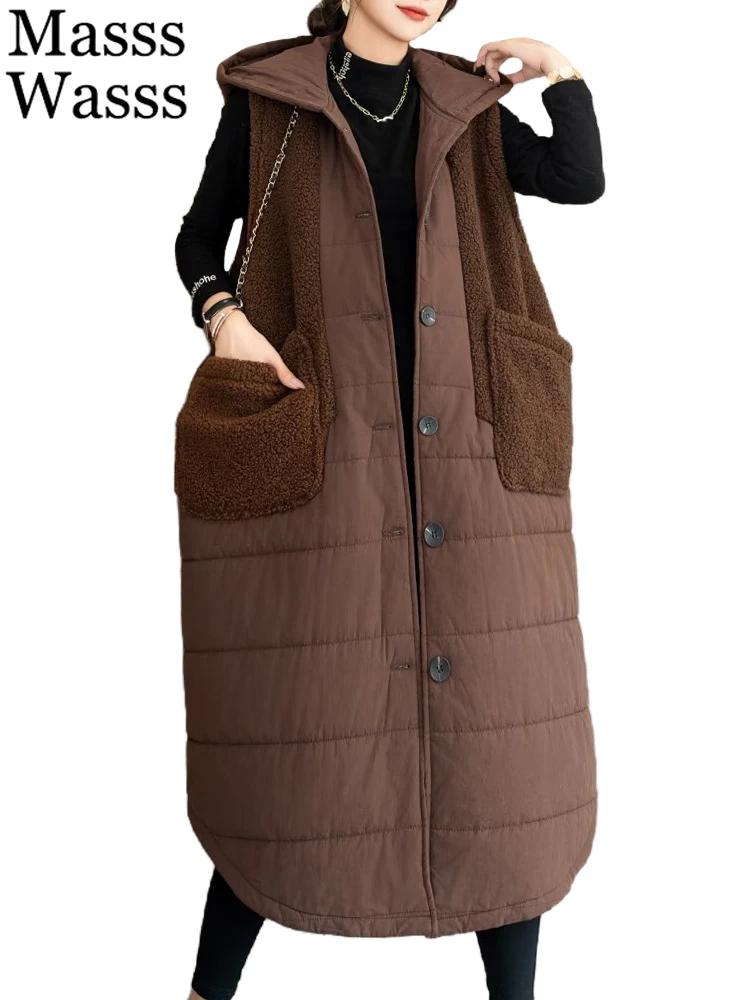 

Masss Wasss 2024 Winter Womens Long Fashion Loose Hooded Padded Vests Ladies Casual Classic Sleeveless Coats Warm Fur Waistcoats