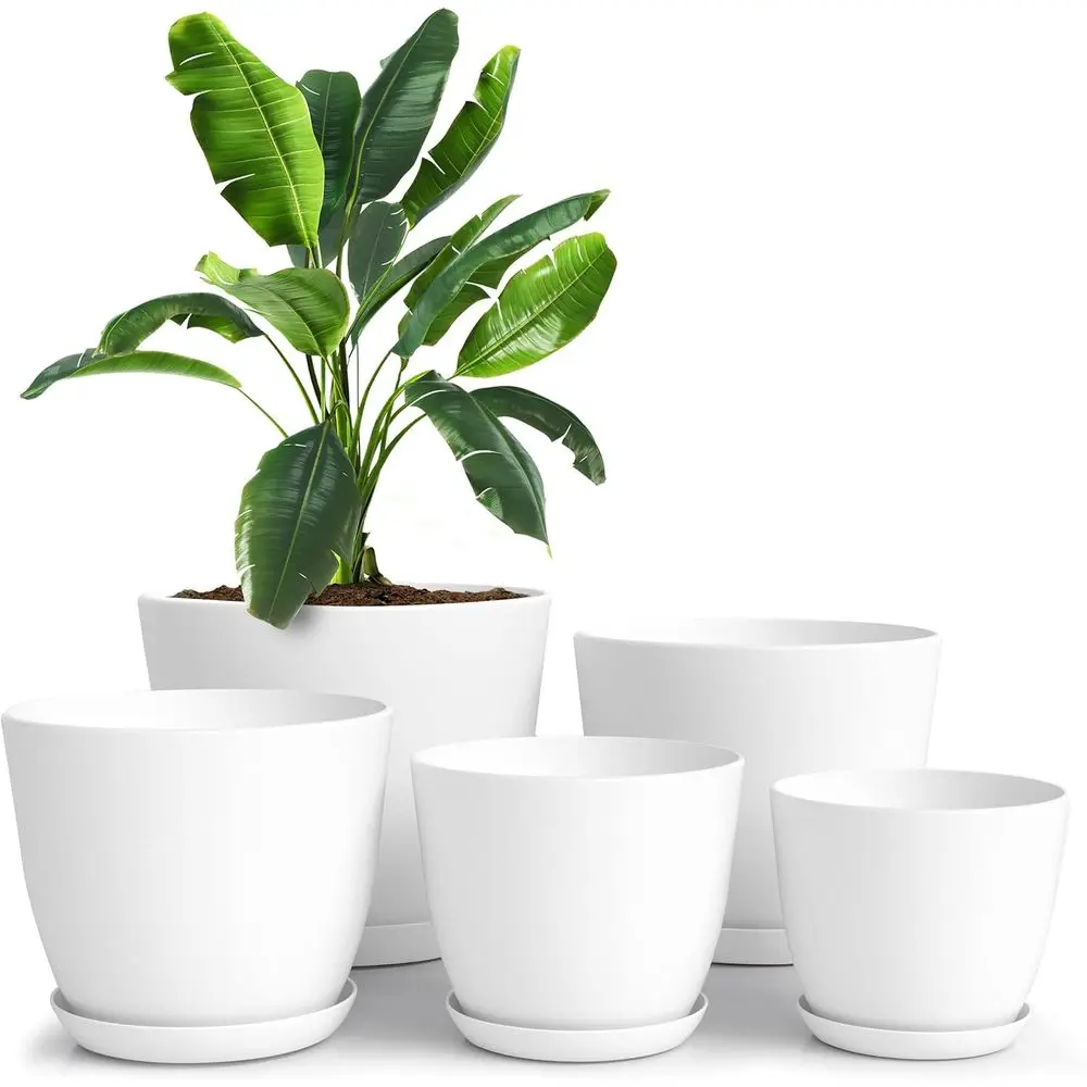 Indoor White Plastic Plant Pots Set of 5 with Drainage - 7/6.6/6/5.3/4.8 Inch Sizes for Home Décor and Plants